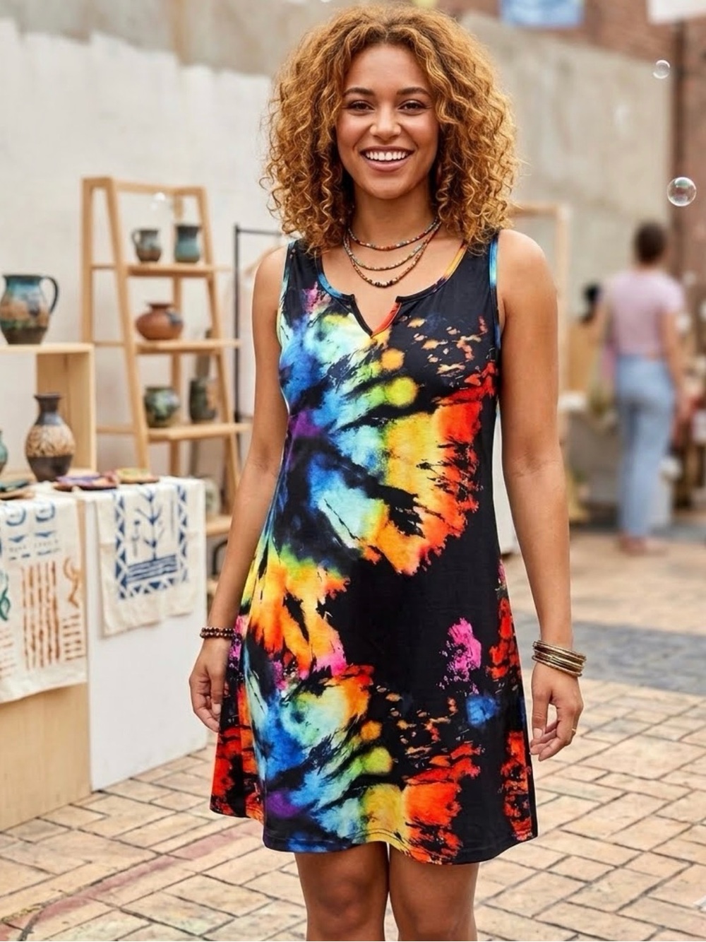 Women's Black Multi Tie-Dye V-Notch Dress Size M